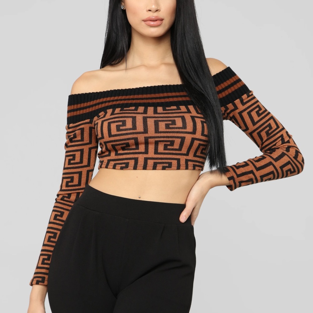 Fashion Nova Fab For Life Off Shoulder Long Sleeve Knit Brown Black Crop Top XS